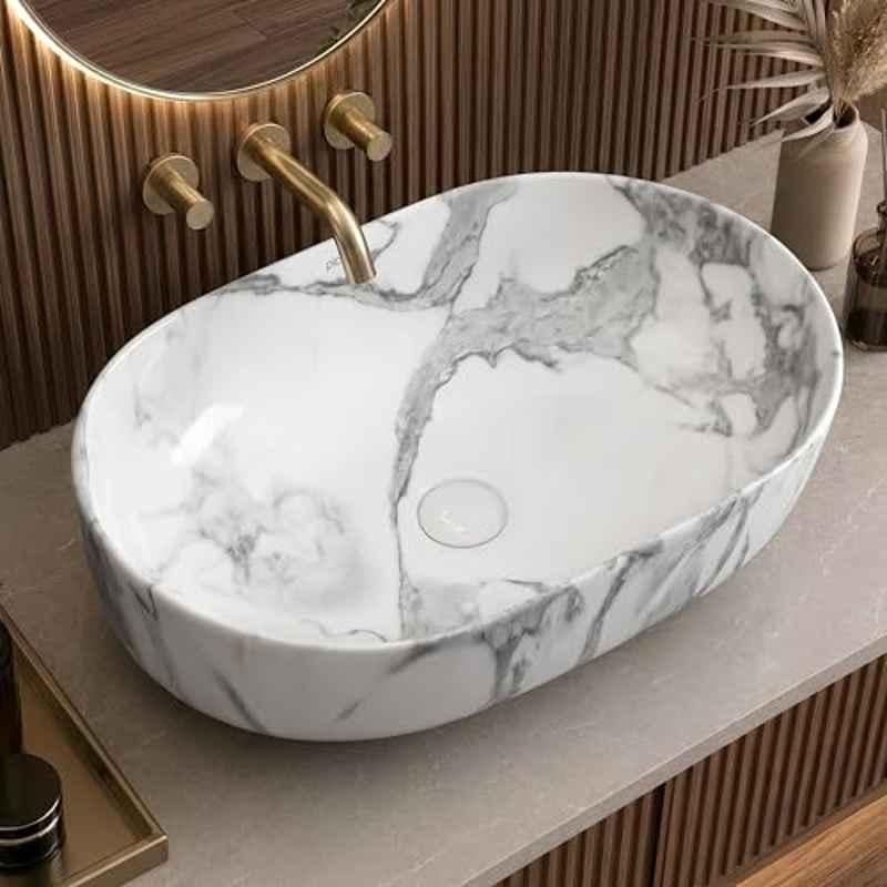 Plantex Tabletop Washbasin for Bathroom/Designer Ceramic Hand Wash Basin/Oval Countertop Basin/Home/Office (22x13.5x6 inch-White & Grey)