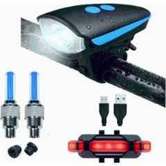 Shopeleven 1200mAh Black & Blue Rechargeable Bicycle LED Front Light, LED Tail Light & Valve Lights Combo