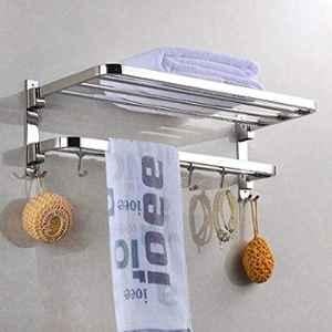 Plantex 304 Grade Stainless Steel Foldable Towel Rack in Bathroom/Cloth Hanger for Bathroom/Towel Rod with Hooks/Bathroom Accessories (18 inch) Chrome