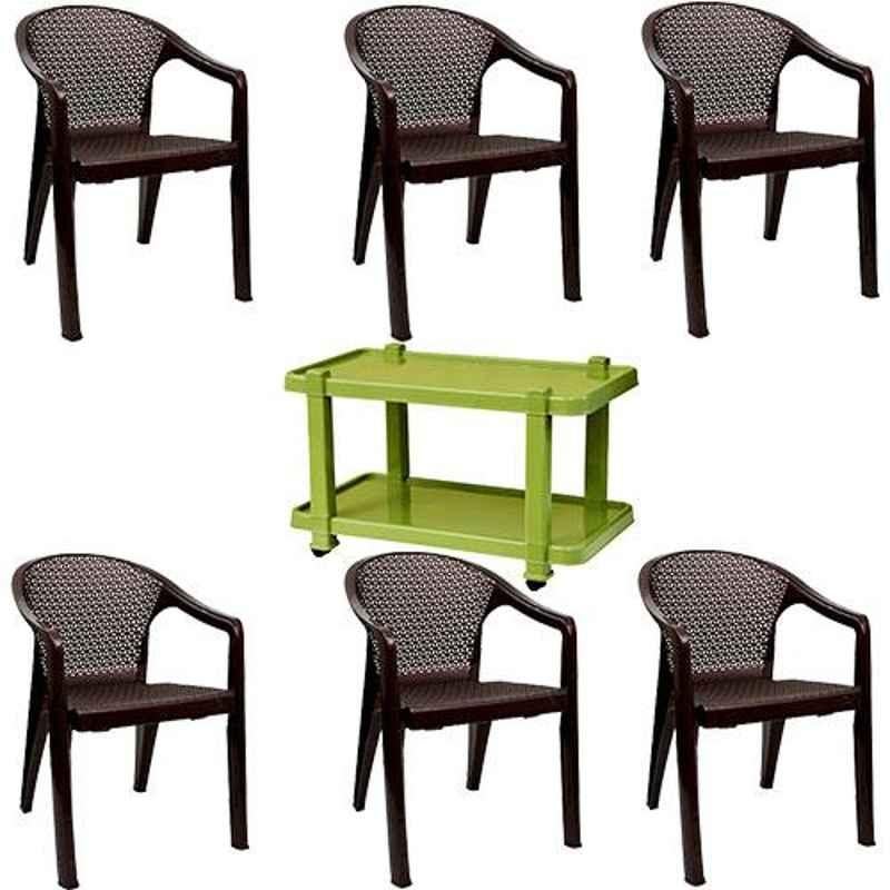 Italica 6 Pcs Polypropylene Nut Brown Oxy Arm Chair & Green Table with Wheels Set, 5202-6/9509