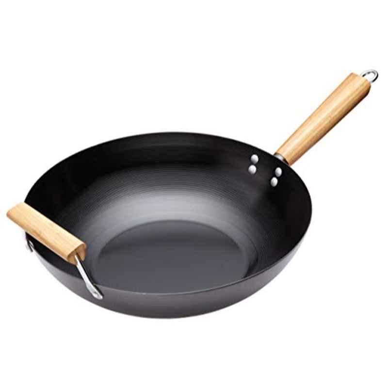 Kitchencraft World of Flavours 35cm Carbon Steel Black Non-Stick Wok with Wooden Handle