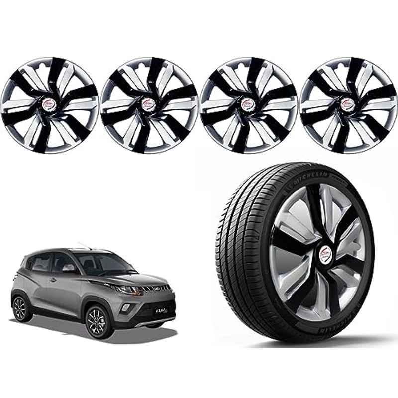 Auto Pearl 4 Pcs 14 inch Polypropylene Black & Silver Press Type Car Wheel Cover Set with Retention Ring for Mahindra KUV 100 nxt 2017 Onwards, 14WC_Idtec_Rev_KUV100nxt2017on