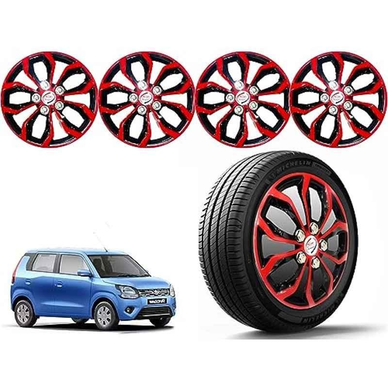 Auto Pearl 4 Pcs 14 inch Polypropylene Red & Black Press Type Car Wheel Cover Set with Retention Ring for Maruti Suzuki WagonR Type 4 2019-2022