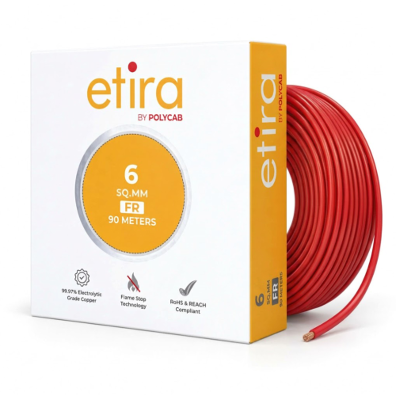 Polycab Etira 6 Sqmm 90m Red Single Core FR Multistrand PVC Copper Insulated Unsheathed Industrial Cable