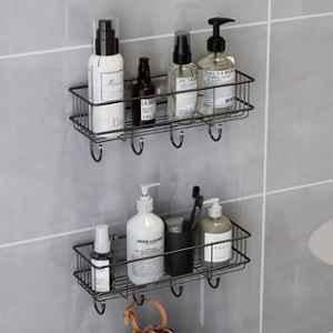 Plantex Alloy Steel Black Powder Coated Finish Self Adhesive Bathroom Shelf (Pack of 2)