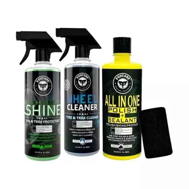 Foxcare Liquid Wheel Cleaner ,Extrem Shine ,All In One Polish & Sealant, Wheel Tire Cleaner Cars 1500 Ml Car Care Kit (Pack of 3)