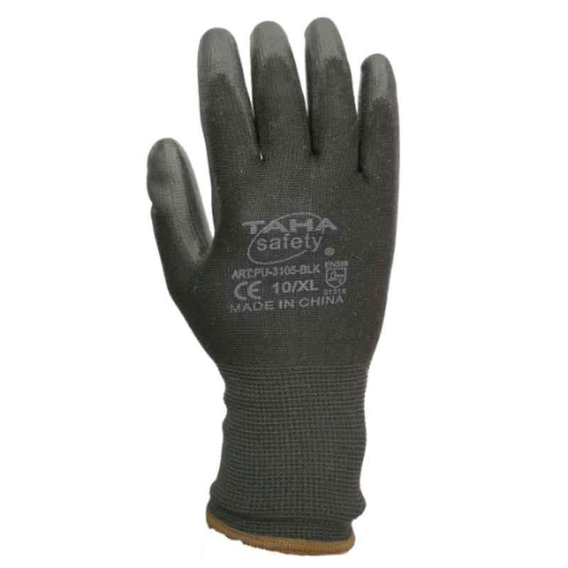 Taha Safety Polyester & PU Black Gloves, PU3105, Size:XL