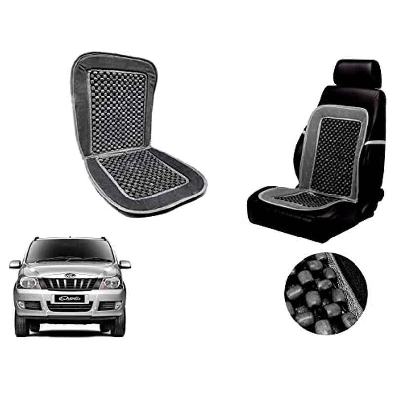 Auto Pearl PU, Velvet & Wooden Beads Grey Rectangular Seat Cushion for Mahindra Quanto