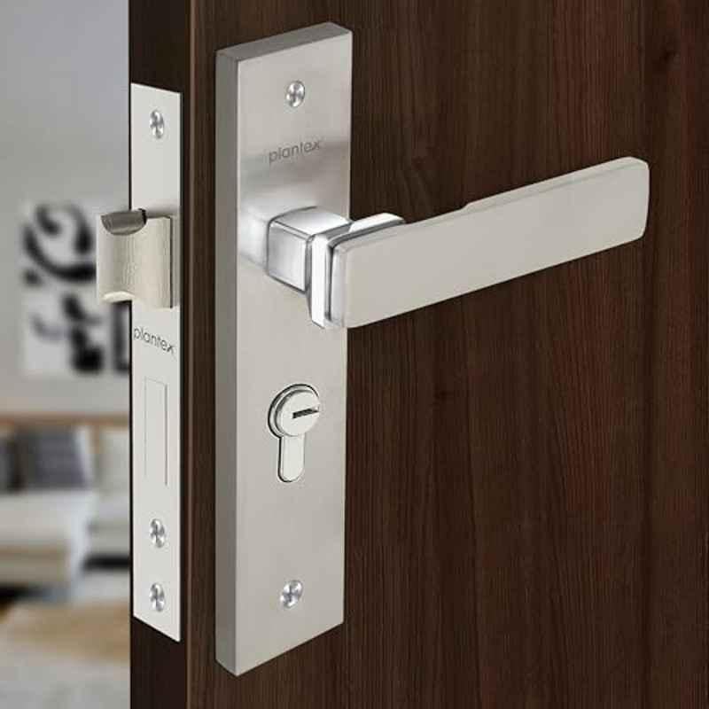Plantex Heavy-Duty Door Lock Set Main Door Lock Handle Set/Mortise Lock with 3 Keys, Brass Lock Body & Cylinder 8116 Steel Satin & Chrome