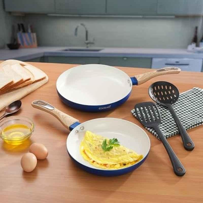 Cookaid Velora 2 Pcs 1.2 & 1.5 Litre Aluminium RV Blue Non Stick Ceramic Coated Fry Pan Set with 2 Pcs Nylon Tool, CKD-CC-FP2-27