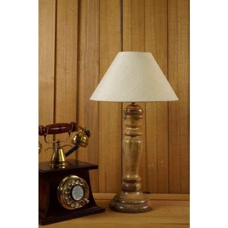 Tucasa Mango Wood Royal Brown Table Lamp with 10 inch Polycotton Off White Pyramid Shade, WL-225