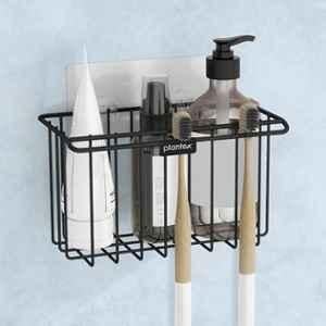 Plantex Self Adhesive Bathroom Shelf/Wall Mounted Storage Shelf/Rack/Toothbrush Holder with Kitchen Napkin Holder/Shelf for Bathroom/Kitchen Storage Stand Rack Shelf Black