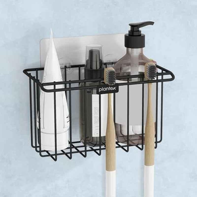 Plantex Self Adhesive Bathroom Shelf/Wall Mounted Storage Shelf/Rack/Toothbrush Holder with Kitchen Napkin Holder/Shelf for Bathroom/Kitchen Storage Stand Rack Shelf Black