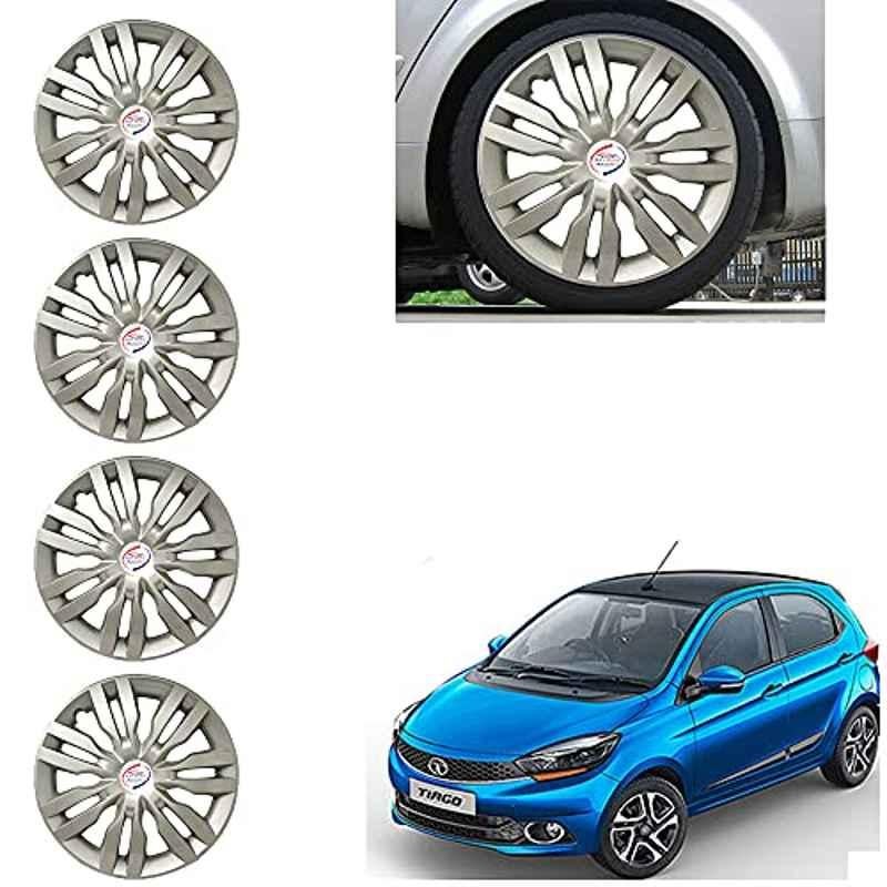 Auto Pearl 4 Pcs 14 inch Silver ABS Press Type Hubcap Wheel Cover Set with Retention Ring for Tata Tiago2019XTXZ