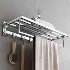 Plantex Folding Towel Rack with Hooks for Bathroom/24 inch Stainless Steel Towel Hanger/Towel Stand/Towel Rod/Bathroom Accessories Chrome