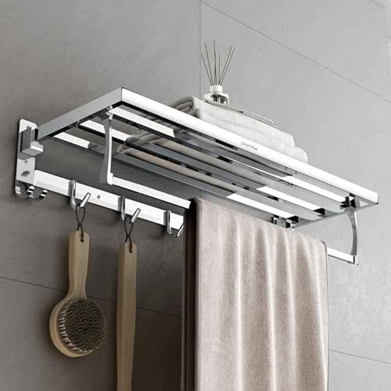 Plantex Folding Towel Rack with Hooks for Bathroom/24 inch Stainless Steel Towel Hanger/Towel Stand/Towel Rod/Bathroom Accessories Chrome