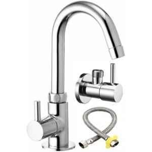 Fastgear Prime Stainless Steel Swan Neck with Marc Angle Wall & Connection Pipe & Bib Tap Faucet for Sink & Wash Basin