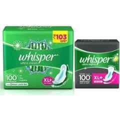 Whisper 44 & 15 Pcs White Cotton Ultra Clean & Ultra Night Sanitary Pad Set, Size: XL+