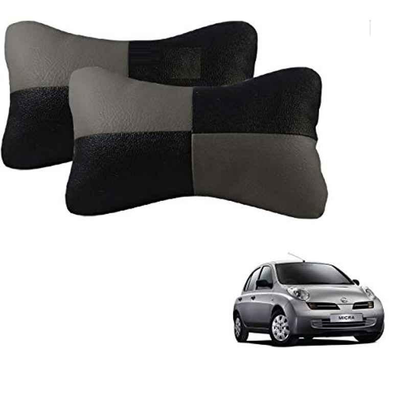 Kozdiko 2 Pcs Leather Grey & Black Neck Rest Car Cushion Pillow Set for Nissan Micra