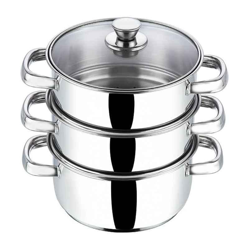 Vinod 18cm Stainless Steel Silver 3 Tier Steamer with Glass Lid, 3TS18