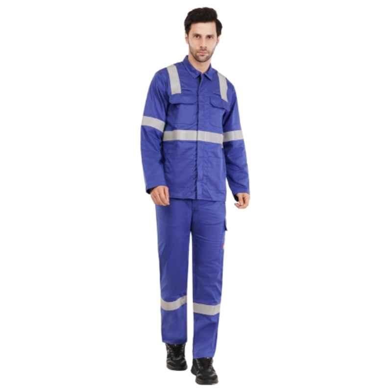 Atacama Poly Cotton Blend Twill Royal Blue Industrial Work Jacket & Trousers Set with Reflective Strip, AJT001RB, Size: L