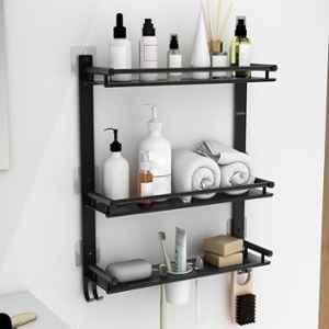 Plantex Self Adhesive Stainless Steel Shelf/Bathroom Organiser Without Drill/Shelf for Bathroom with Soap Dish/Toothbrush Holder/3 Tier Stainless Steel Bathroom Accessories Set with Hooks Black