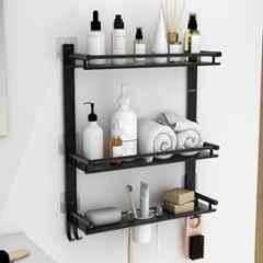 Plantex Self Adhesive Stainless Steel Shelf/Bathroom Organiser Without Drill/Shelf for Bathroom with Soap Dish/Toothbrush Holder/3 Tier Stainless Steel Bathroom Accessories Set with Hooks Black