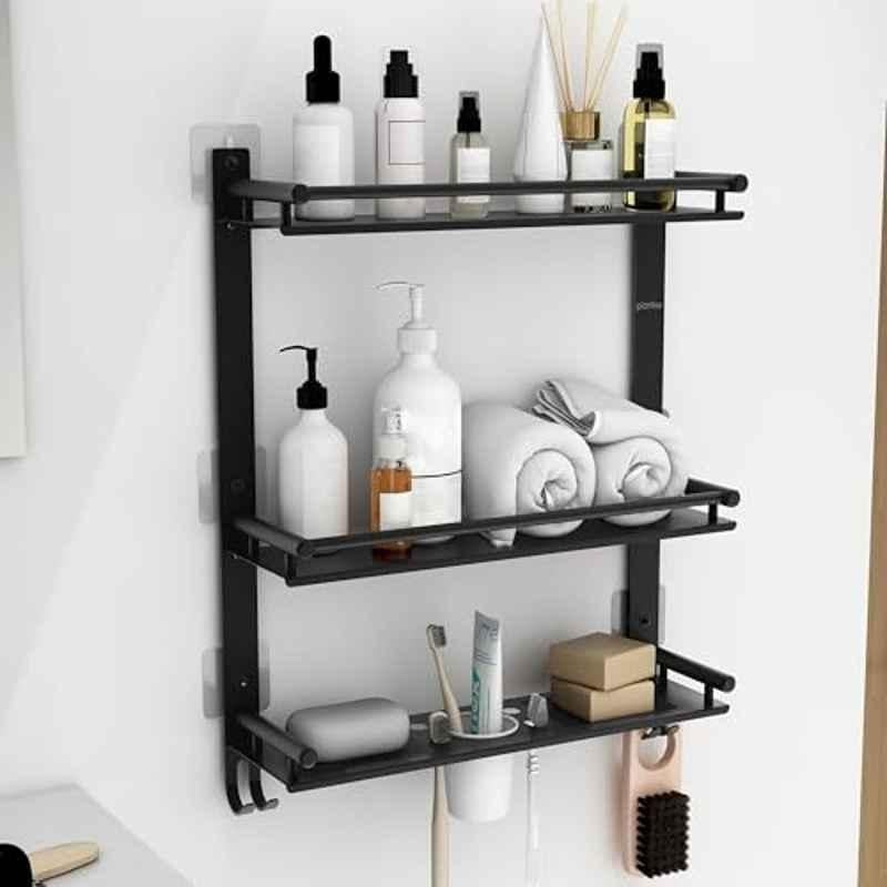Plantex Self Adhesive Stainless Steel Shelf/Bathroom Organiser Without Drill/Shelf for Bathroom with Soap Dish/Toothbrush Holder/3 Tier Stainless Steel Bathroom Accessories Set with Hooks Black