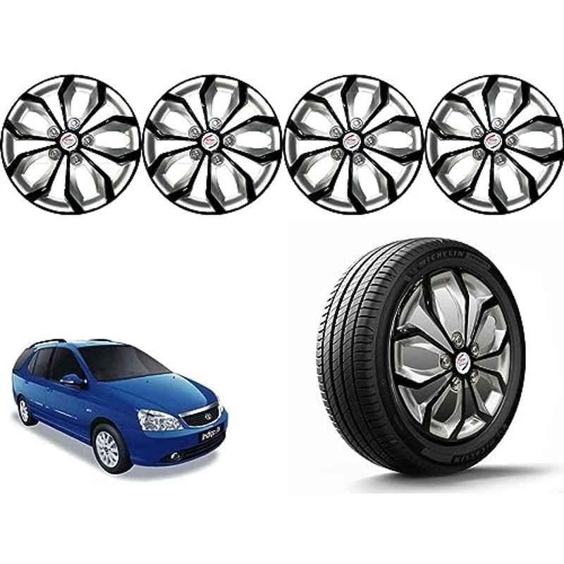 Auto Pearl 4 Pcs 14 inch Polypropylene Black & Silver Press Type Car Wheel Cover Set with Retention Ring for Tata Indigo Marina, 14WC_Pearl_Rev_IndigoMarina