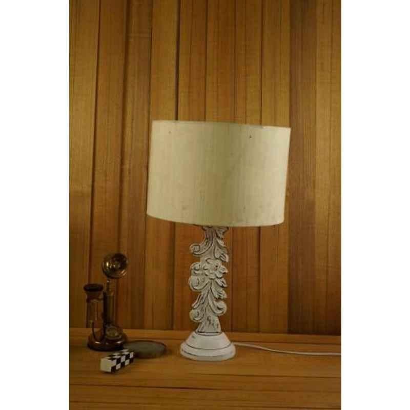 Tucasa Mango Wood White Carved Table Lamp with 11.5 inch Polycotton Off White Drum Shade, WL-302