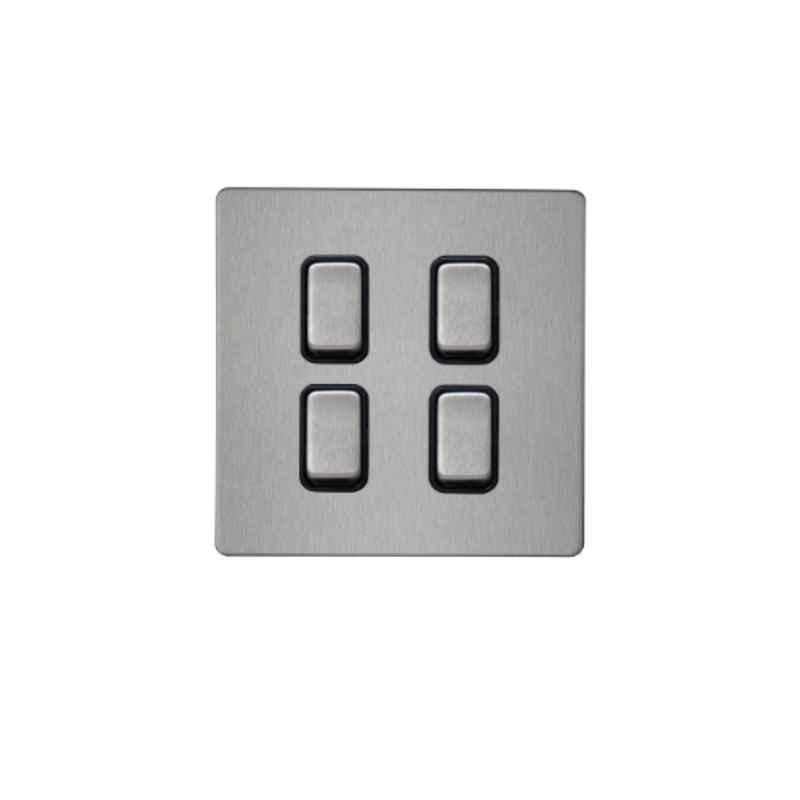 RR Vivan Metallic 10A Brushed Stainless Steel 4-Gang 1-Way Switch with Black Insert, VN6698M-B-BSS