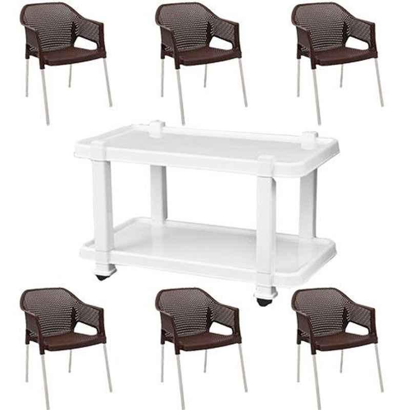 Italica 6 Pcs Polypropylene Tan Brown Plasteel Arm Chair & White Table with Wheels Set, 1209-6/9509