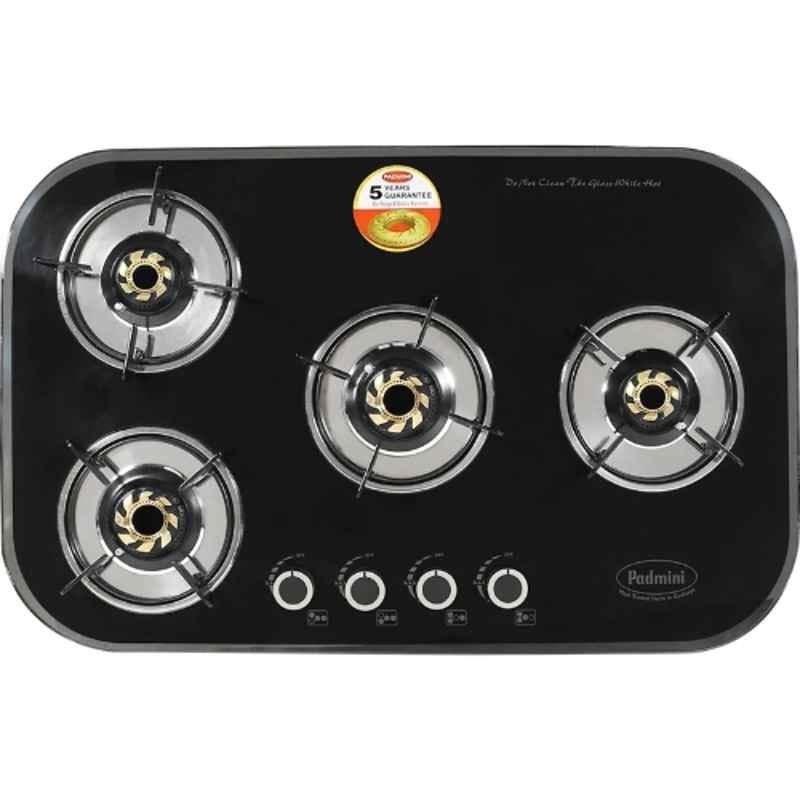 Padmini 4 Burner Stainless Steel Black Automatic Ignition Glass Top Gas Stove, Gas Hob CS-402 GL IB