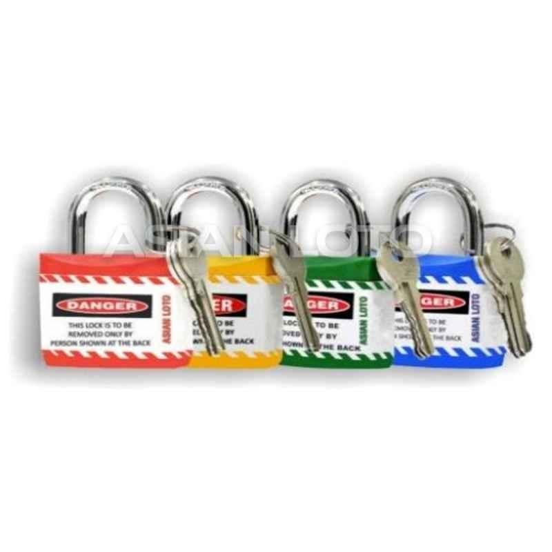 Asian Loto 4 Pcs Metal & Plastic Red, Yellow, Green & Blue Regular Shackle Jacket Padlock Set with 3 Keys, ALC-LPR