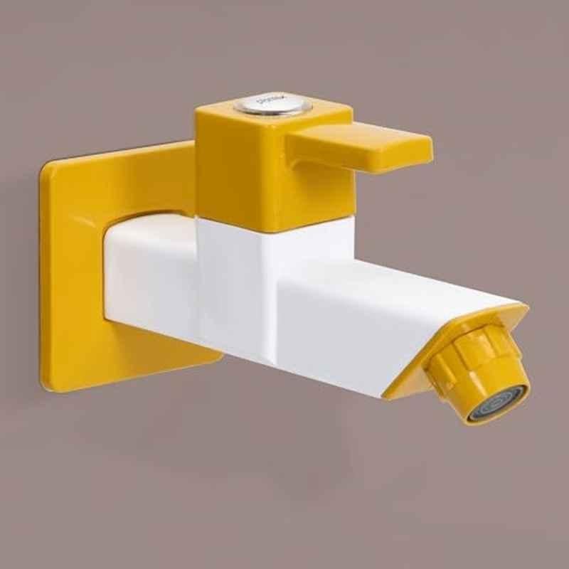 Plantex PTMT EDS-122 Single Lever Painted Bib Tap For Bathroom with Water Saving Aerator/Bib Cock For Bathroom with Plastic Wall Flange & Teflon Tape Yellow & White
