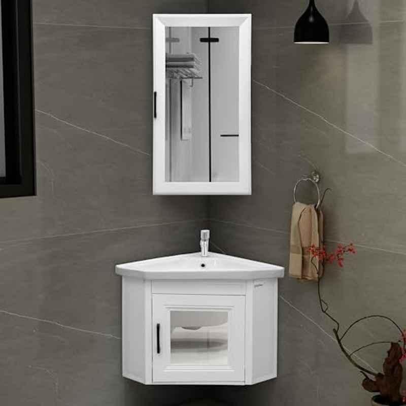 Plantex Glass, Ceramic, HPP Unbreakable Wall Mount Vanity Cabinet with Washbasin and Mirror/Corner Basin with Cabinet for Bathroom 406, White