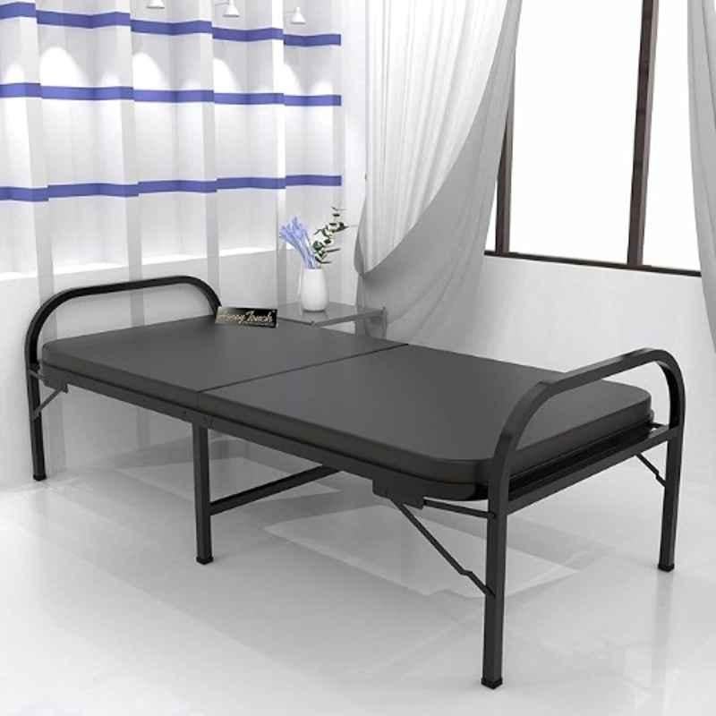 Honey Touch Atlas 2.5x6ft Iron Black Folding Single Bed with Double Layer Faux Leather Mattress, HT-AT