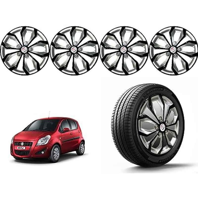 Auto Pearl 4 Pcs 14 inch Polypropylene Black & Silver Press Type Car Wheel Cover Set with Retention Ring for Maruti Suzuki Ritz Type 2 2015-2017, 14WC_Pearl_Rev_RitzType2_2015_17