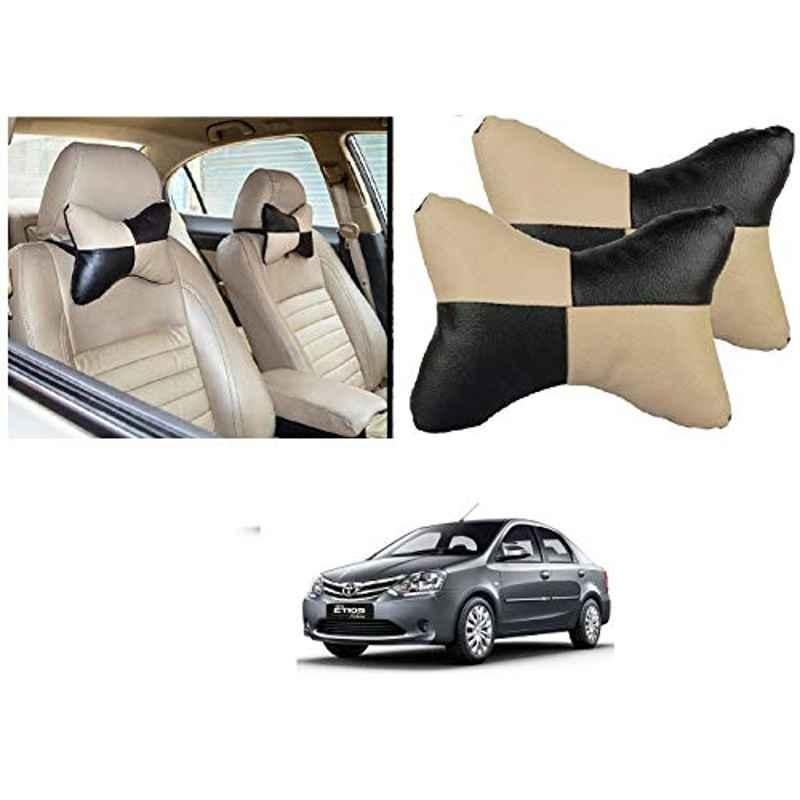 Kozdiko 2 Pcs Black & Beige Car Square Chess Design Neck Rest Seat Pillow Set for Toyota Etios