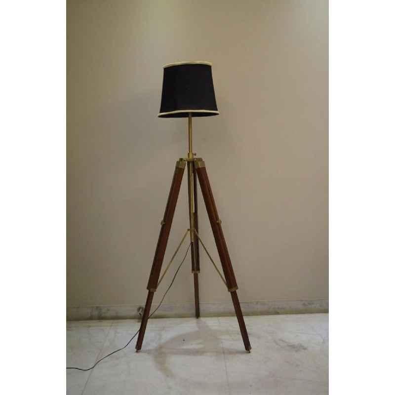 Tucasa Mango Wood Brown Tripod Floor Lamp with Polycotton Black Shade, P-127