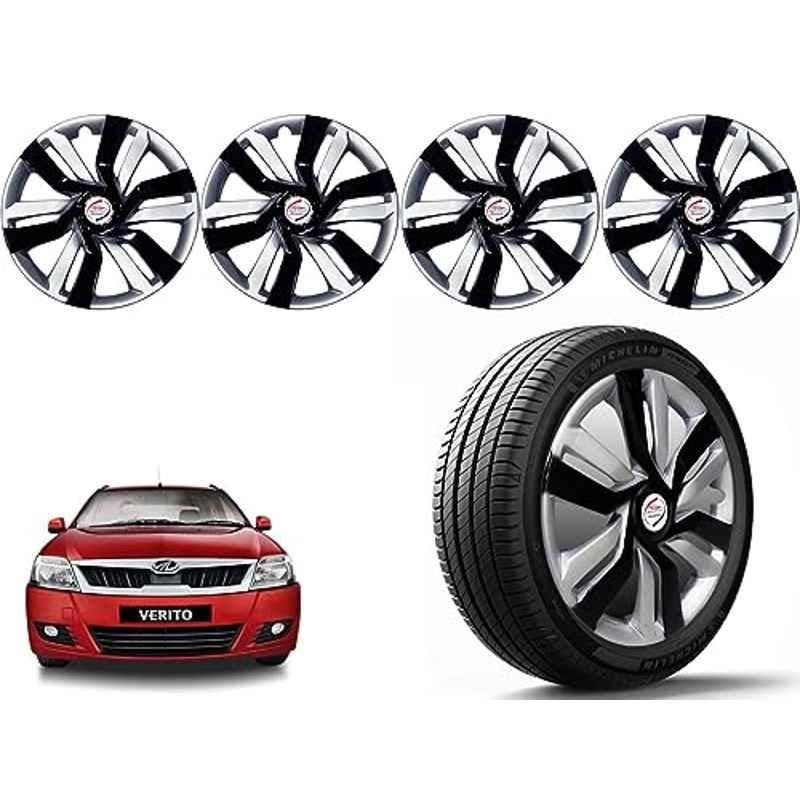 Auto Pearl 4 Pcs 14 inch Polypropylene Black & Silver Press Type Car Wheel Cover Set with Retention Ring for Mahindra Verito, 14WC_Idtec_Rev_Verito