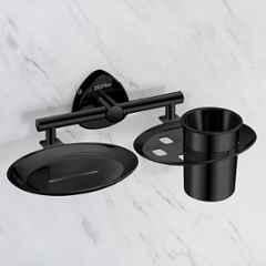 Plantex Stainless Steel Soap Dish with Tumbler Holder/Soap and Brush Holder for Bathroom/2 4-in-1 Soap Holder with Toothbrush Holder/Bathroom Accessories PVD Black Finish Angel