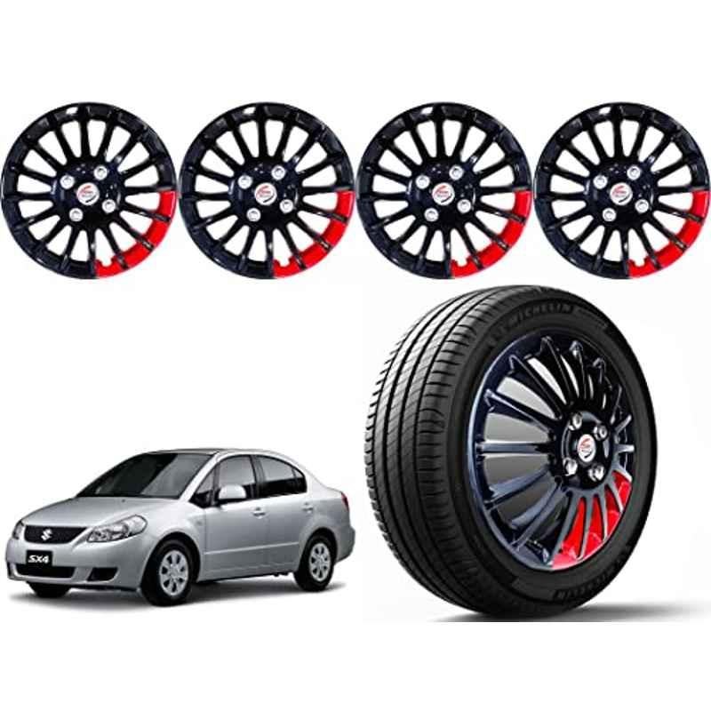Auto Pearl 4 Pcs 15 inch ABS Black & Red Press Type Car Wheel Cover Set with Retention Ring for Maruti Suzuki SX4