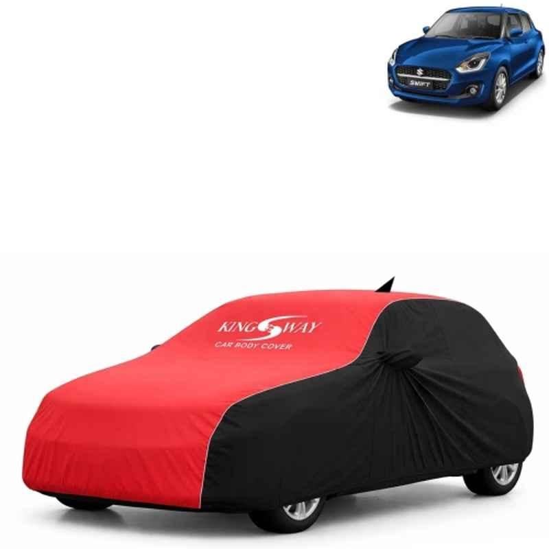 Kingsway Super Waterproof All Weather Protection Polypropylene Black & Red Car Cover for Maruti Suzuki Swift 2021 to 2024 with Silver Piping, Mirror & Antenna Pockets
