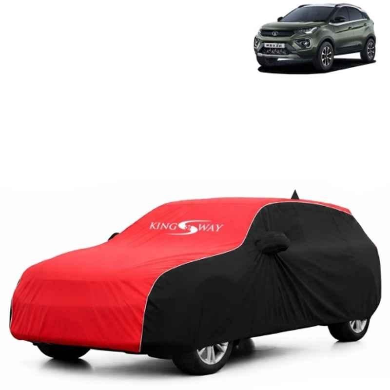 Kingsway Super Waterproof All Weather Protection Polypropylene Black & Red Car Cover for Tata Nexon 2020 to 2023 with Silver Piping, Mirror & Antenna Pockets