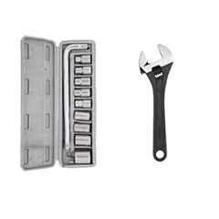 Hillgrove HGCM52M1 10 Pcs Chrome Vanadium Steel Hex Socket Spanner Set with 8 inch Adjustable Wrench Set