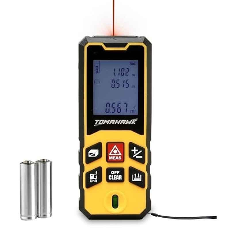 Tomahawk 40m Plastic Yellow Laser Distance Meter with Backlit LCD, Area, Volume, Pythagoras Measurement & Battery Included, TLM-O-40