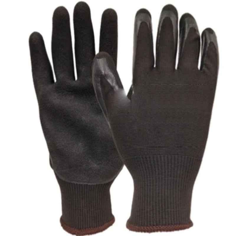 Udyogi 128PT-BB 9 inch Black Polyester Gloves with Double Dip Sandy Nitrile Coating, Size: 9 inch (Pack of 12)