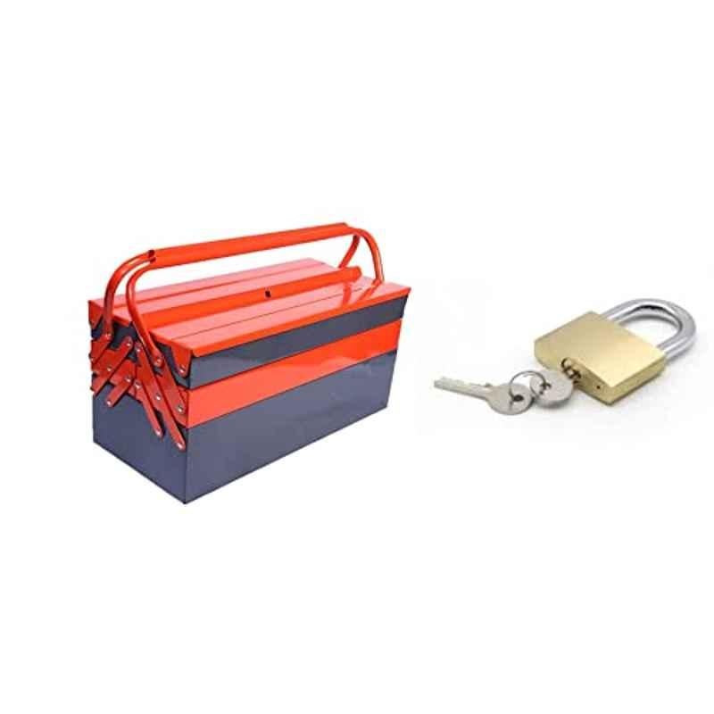 Abbasali 5 Compartment Metal Orange & Grey Double Handle Tool Kit Box with 20mm Brass Padlock for Locking Tool Box