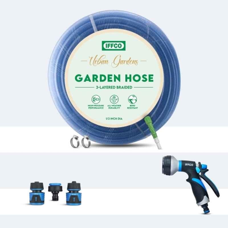 IFFCO URBAN GARDENS- Hose Pipe 10 Meter + 8 Mode Watering Spray Gun & Connectors Combo- 3-Layered Braided, UV Protective Garden Hose with Durable, Rust Resistance Nozzle & Connector Set